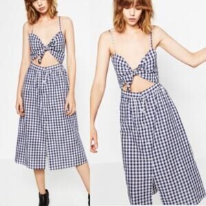 Zara Gingham Tie Cutout Button Front Midi Dress
